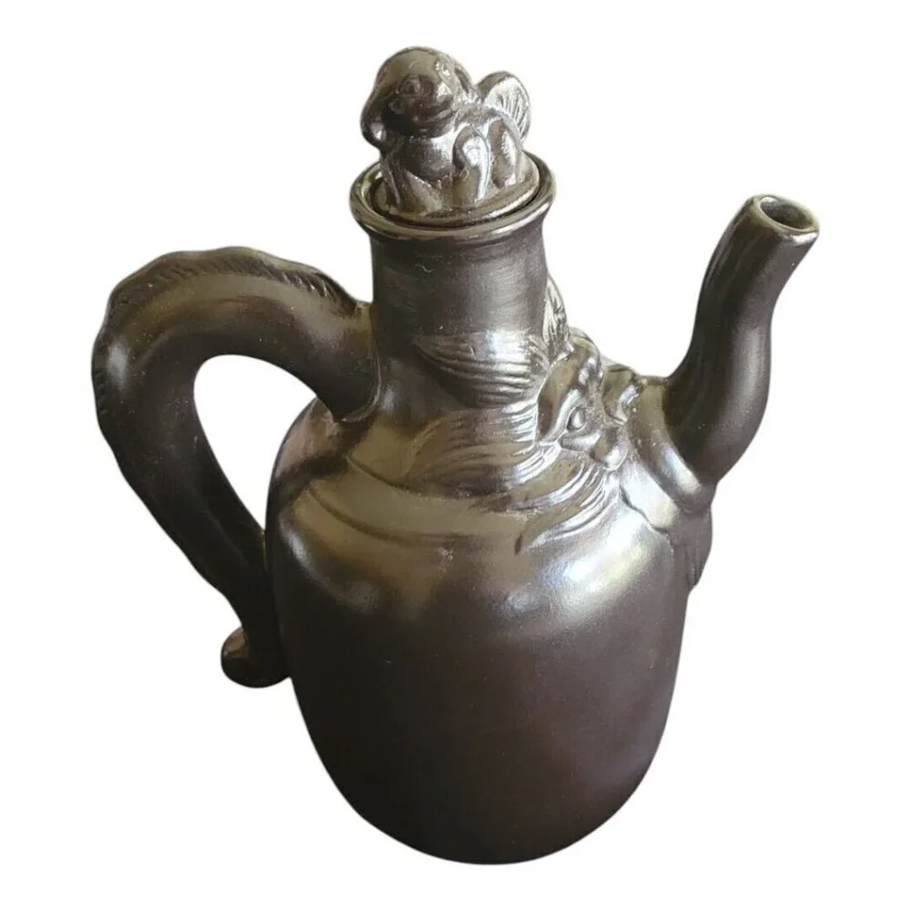 Lot of 2 Asian DOG Teapot 2 cup and Water Pitcher 3 cup MUTED BLACK Porcelain